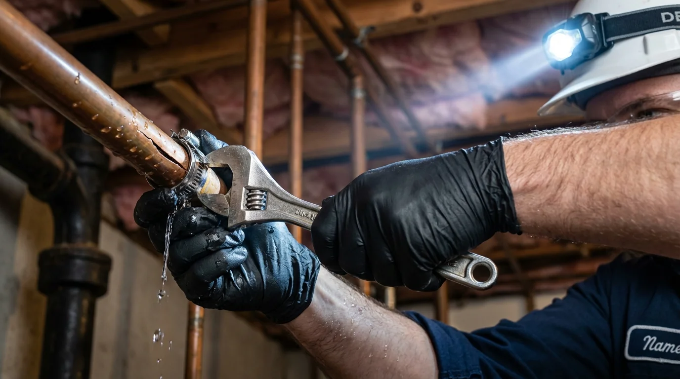 Emergency pipe clamp repair being performed by a Johns Plumbing LLC plumber in Constantine