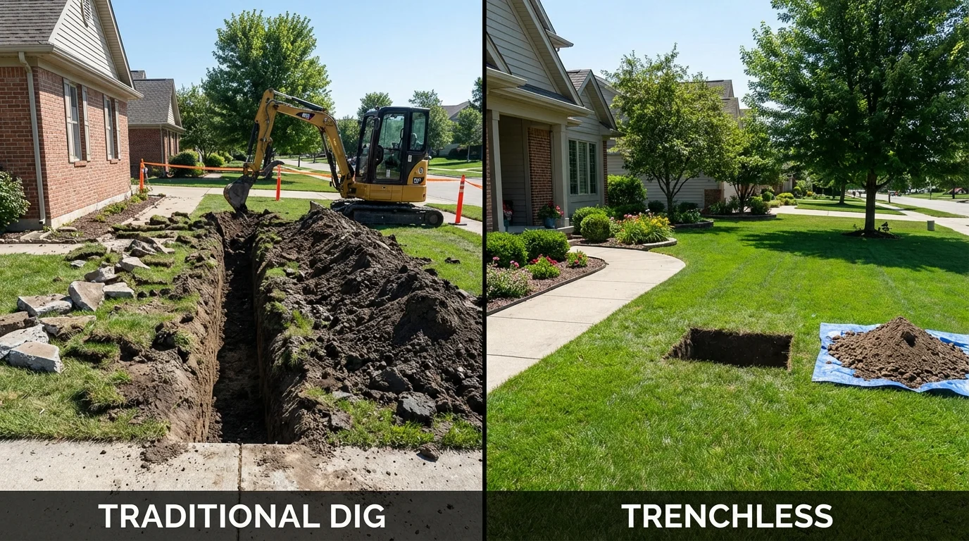 Trenchless sewer repair with minimal yard damage versus traditional excavation in Constantine, MI