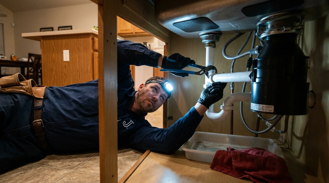 P-trap and supply line connections under a kitchen sink showing a common leak point in Constantine, MI